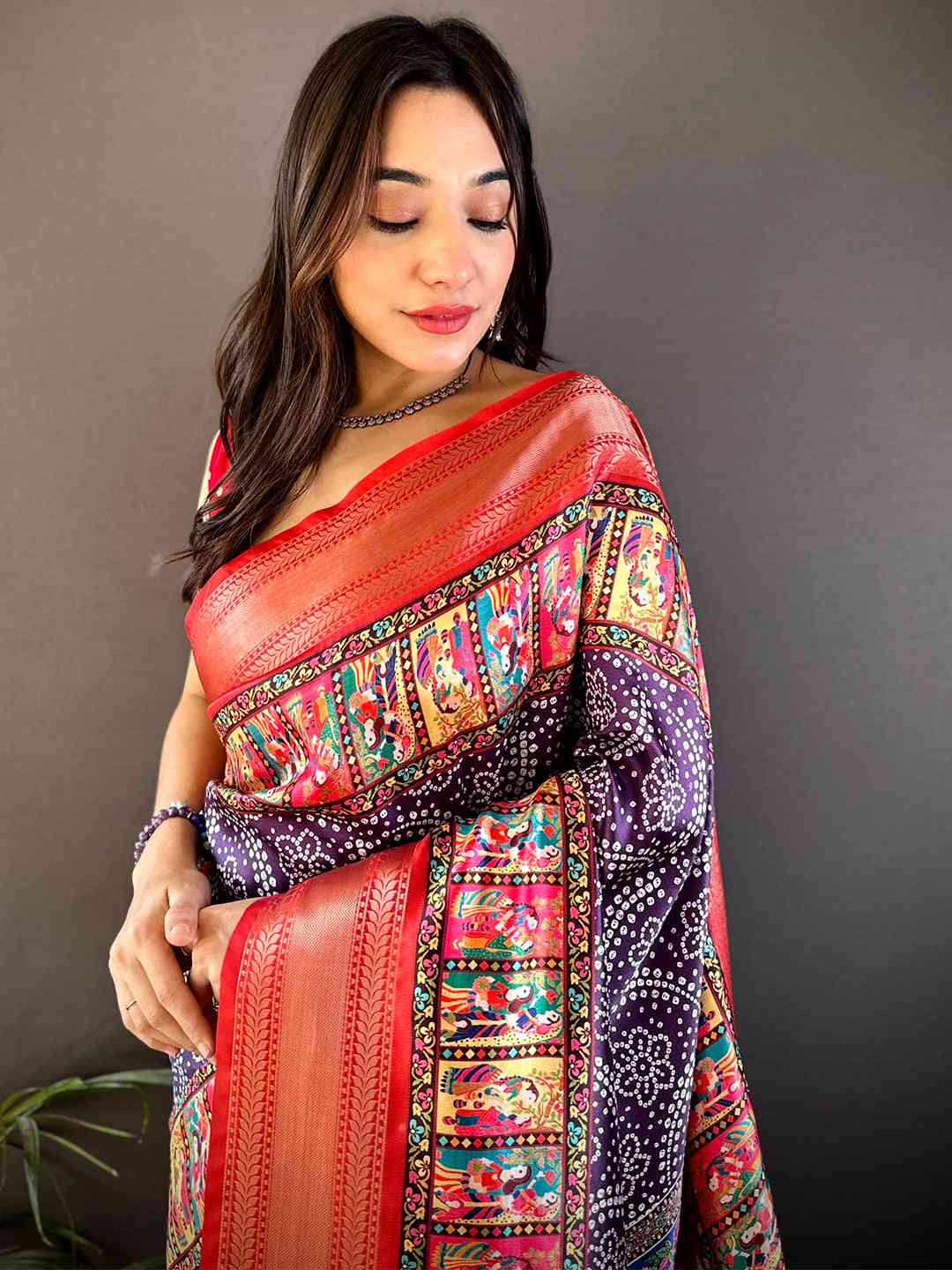 Purple Mughal Kalamkari Print Pashmina Saree