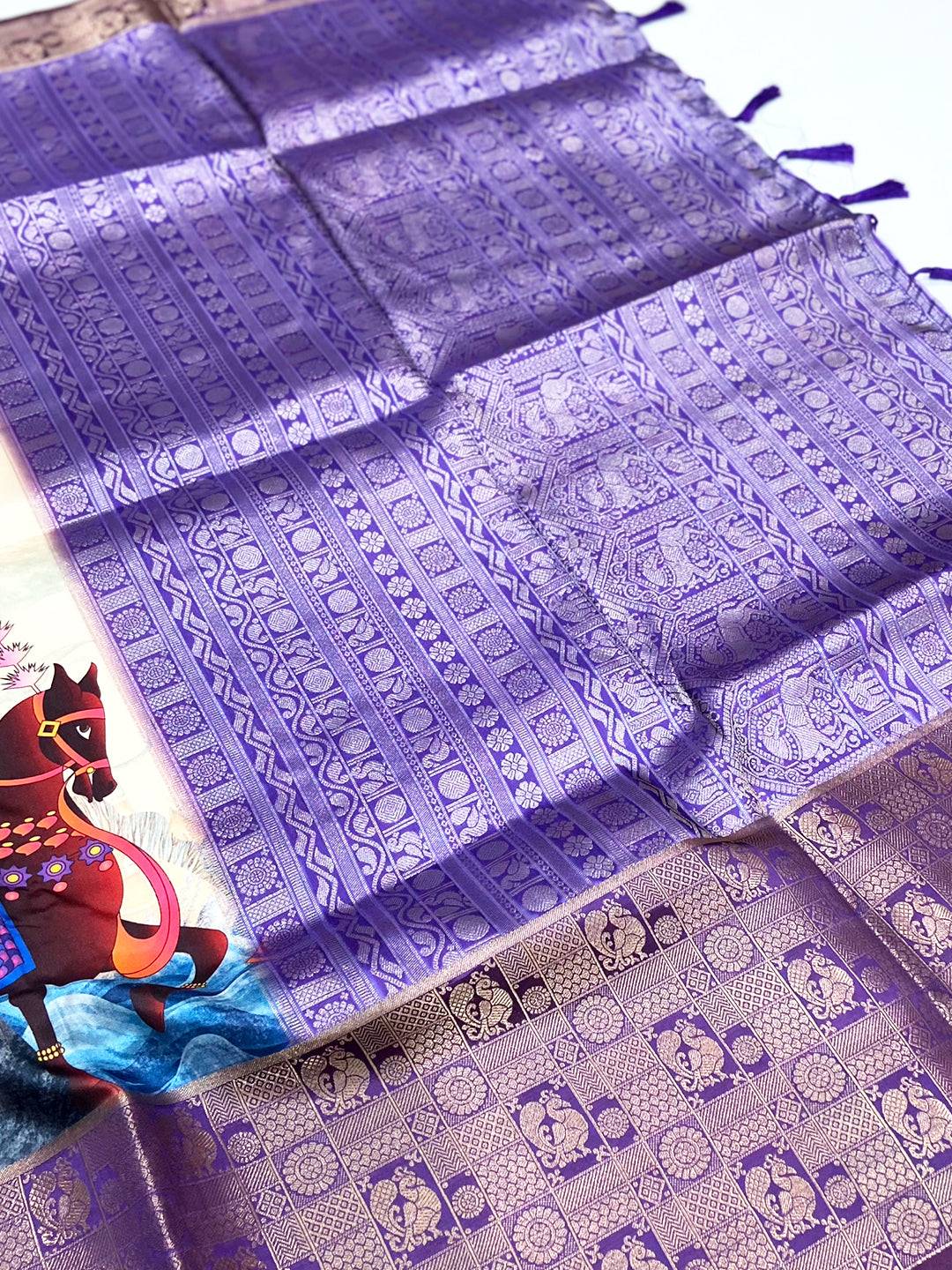 Cream Soft Banarasi Silk Digital Print Saree