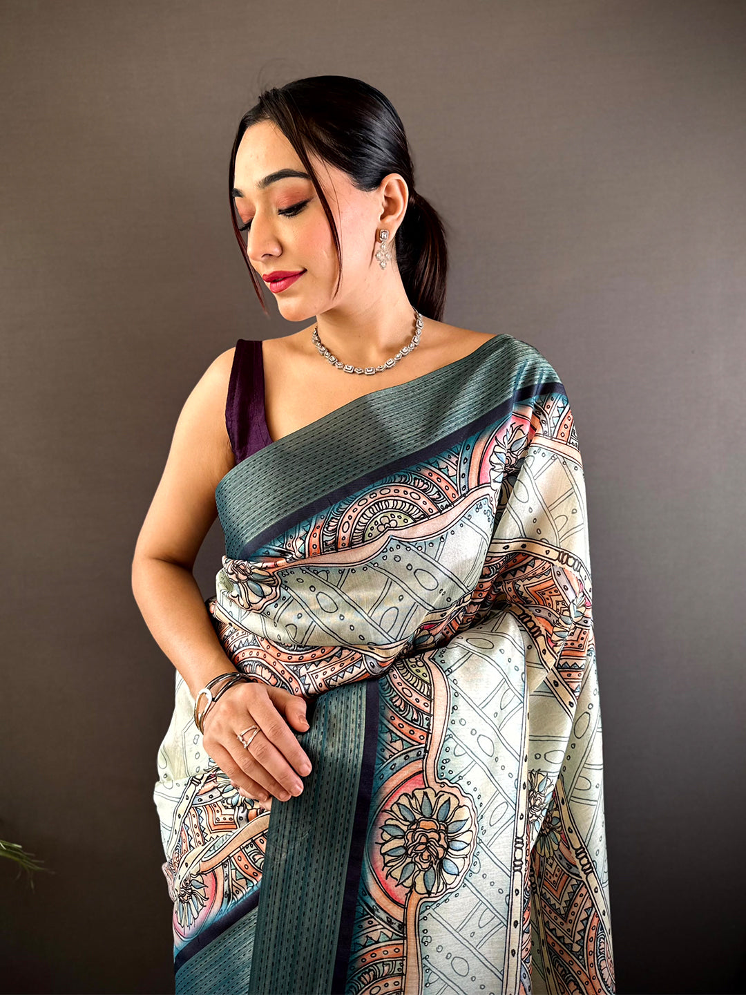 Off White Digital Kalamkari Printed Tussar Silk Saree