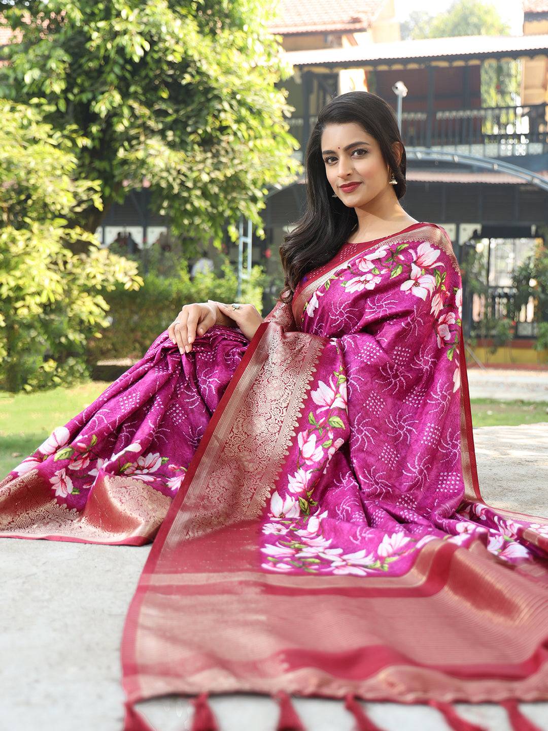 Magenta Pure Viscose Dola Silk Saree And Floral Print Border