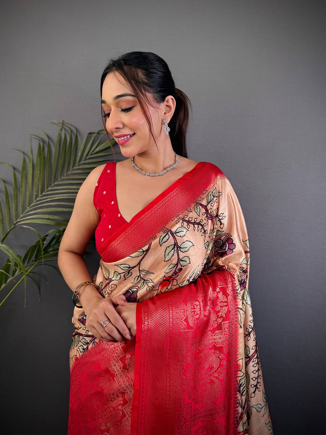 Peach Kalamkari Printed Soft Satin Saree