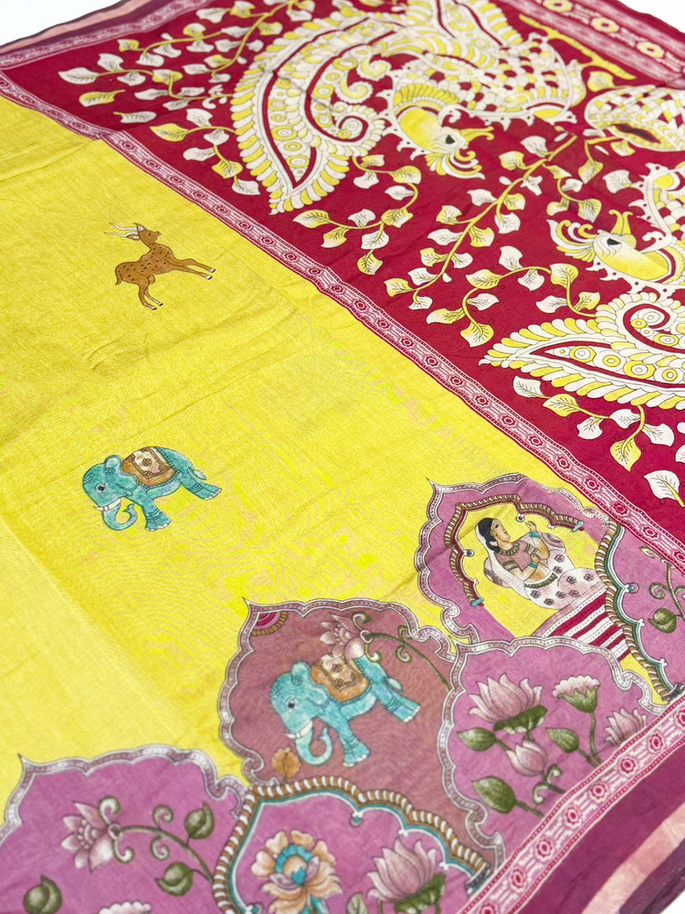 Yellow Mul Kalamkari Printed Saree