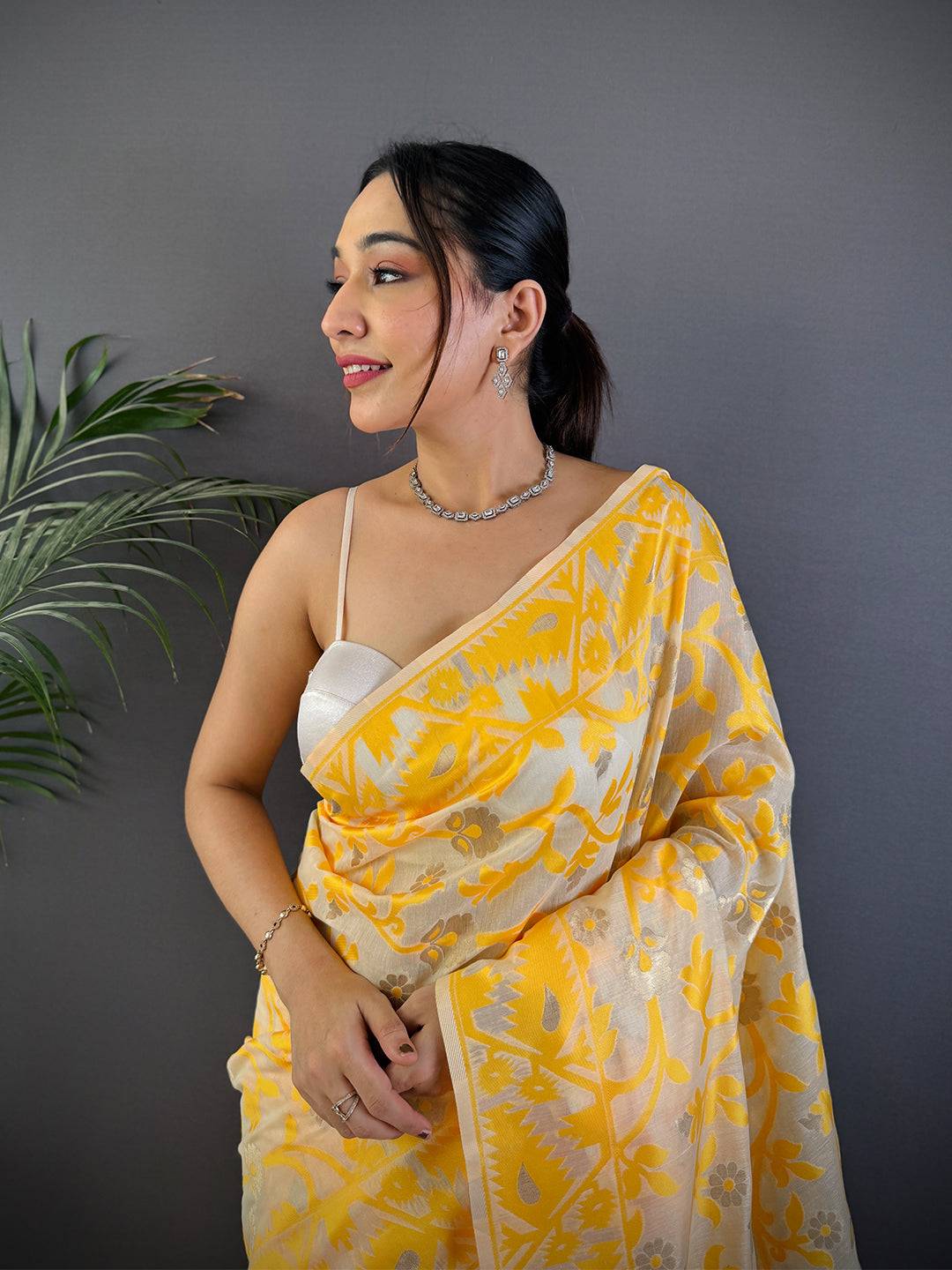 Yellow Soft Cotton Silk Jamdani Vally Saree