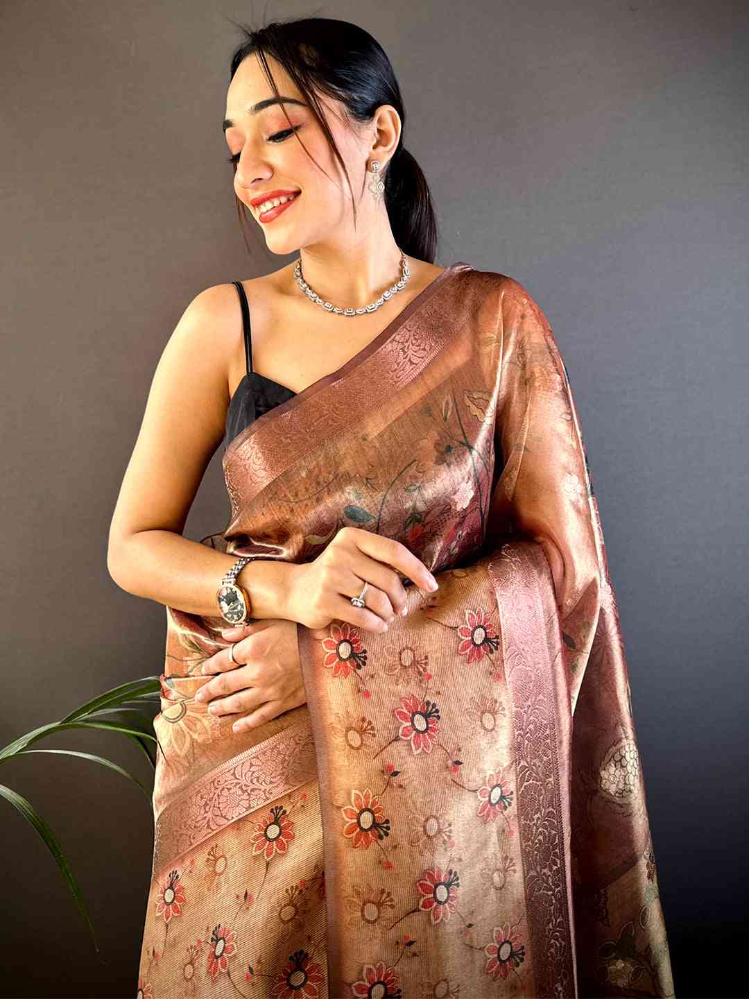 Maroon Floral Satin Bentex Border Saree