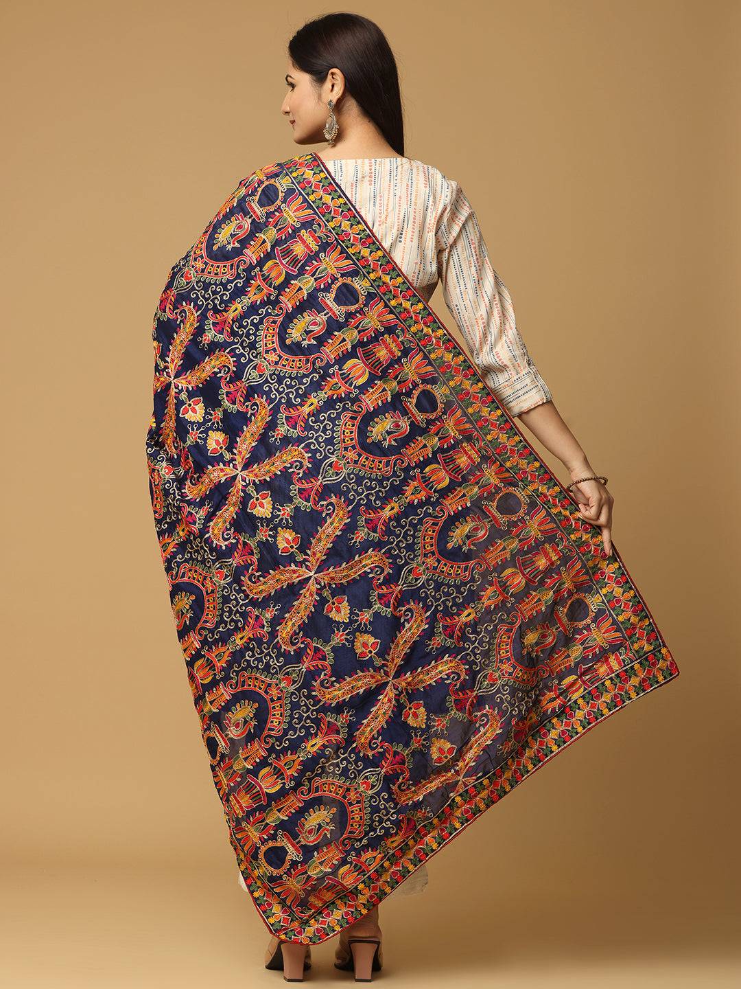 Back view of navy chiffon dupatta with intricate embroidery