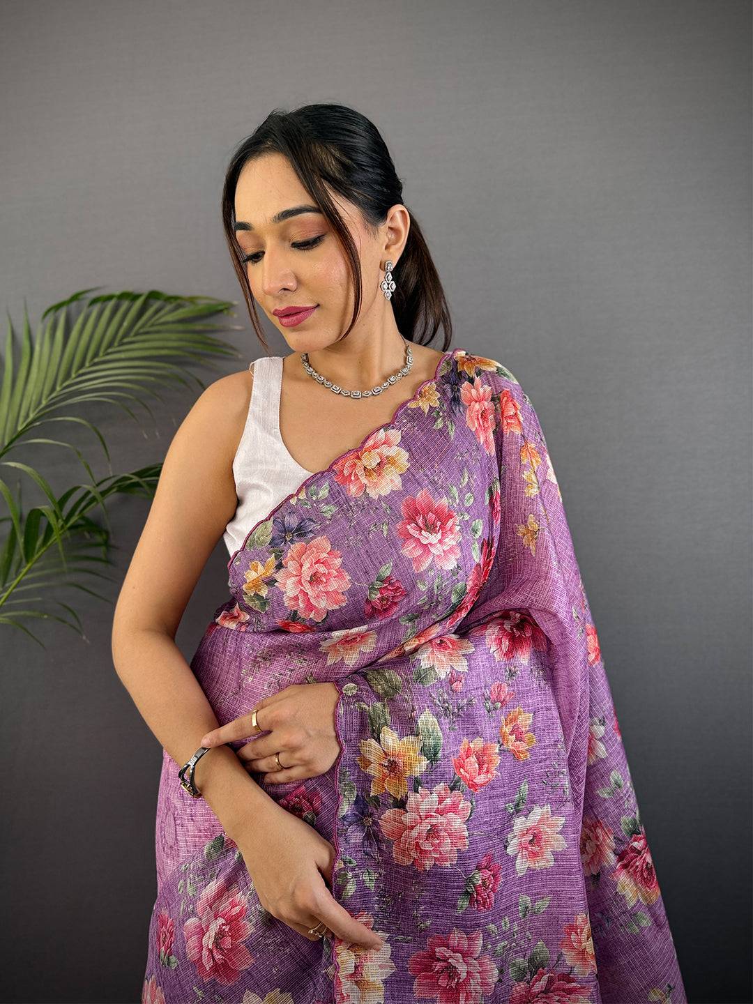 Lavender Kota Doriya Floral Cut Work Saree