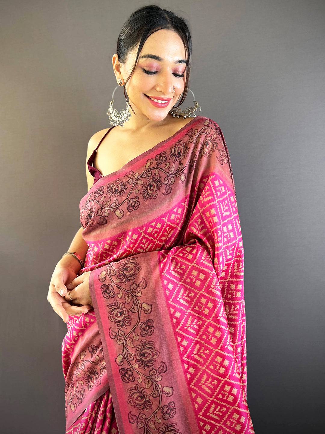 Rose Pink Patola Kalamkari Saree