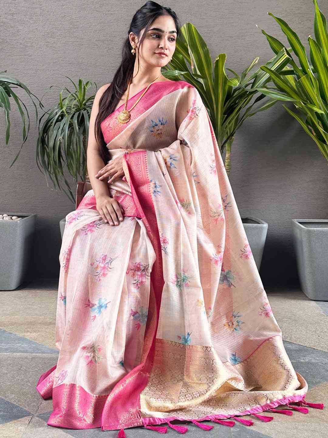Peach digital flower print Kota silk saree with pink border