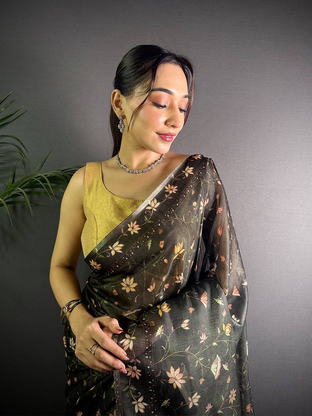 Olive Green Linen Juth Digital Print Saree
