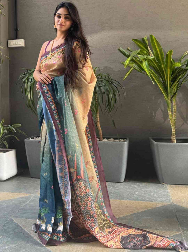 Soft Linen Ombre Pichwai Printed Turquoise Colour Saree