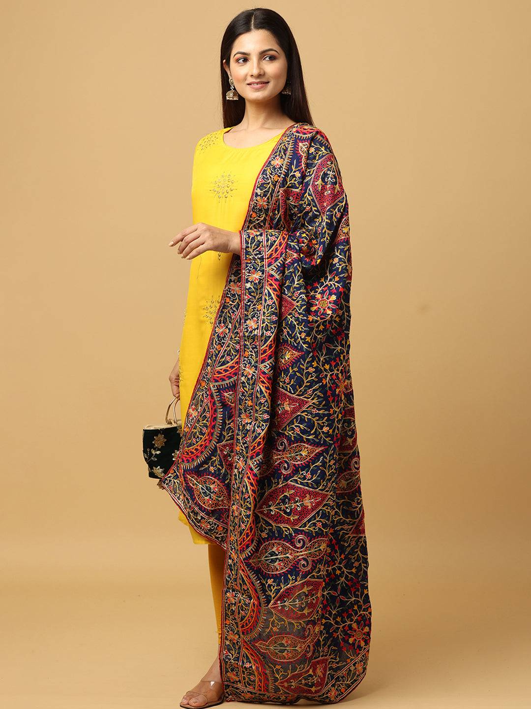 Side view of Navy Poly Chiffon Pashmina Dupatta