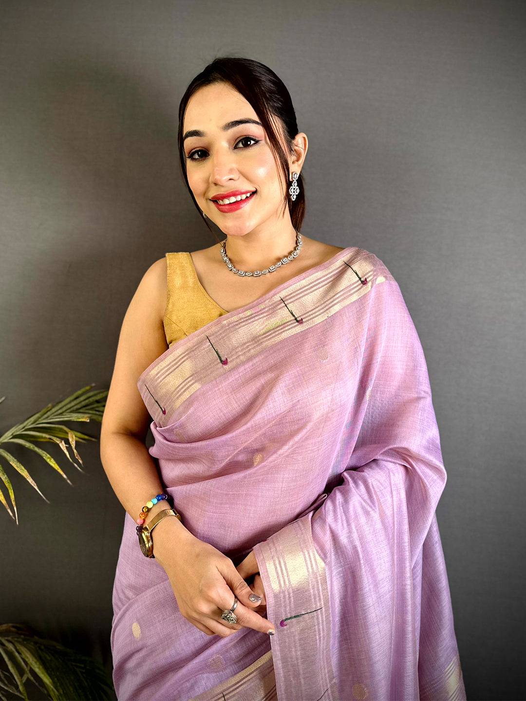 Lavender Minakari Grace Khadi Linen Saree