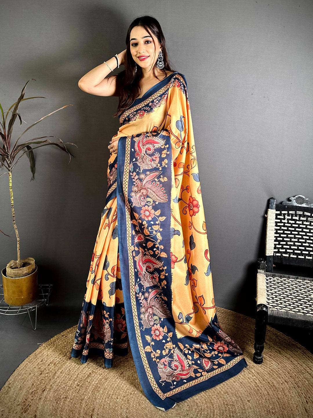 Mustard Orange Kalamkari Print Tussar Saree