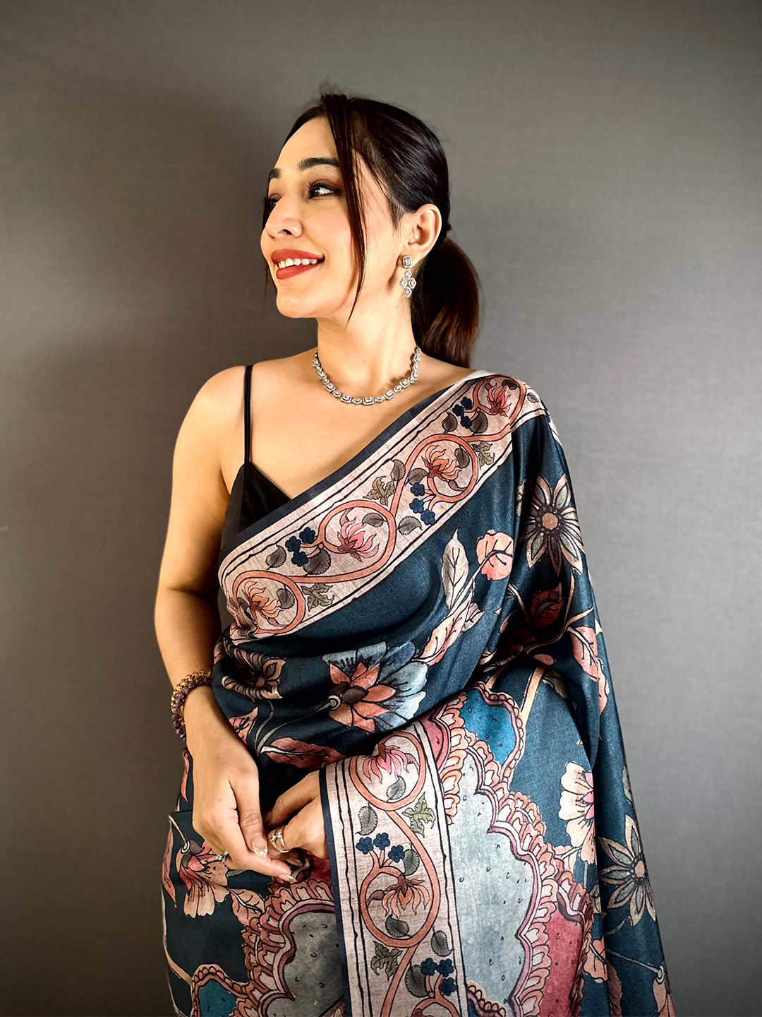 Artistic Dark Floral Soft Tussar Saree