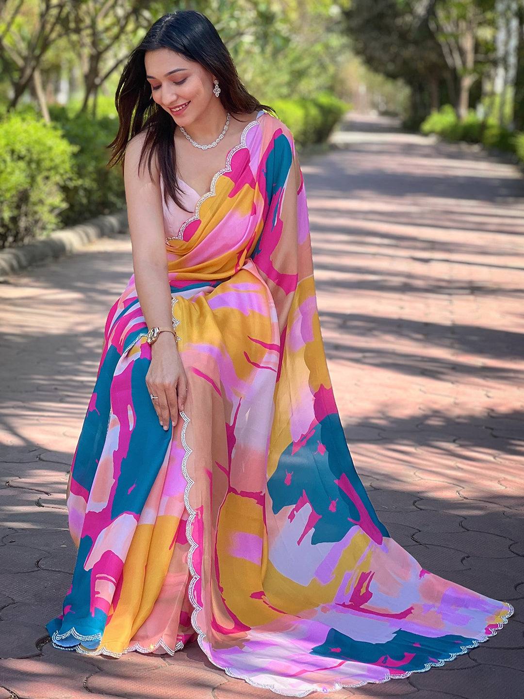 Stylish multi satin georgette saree with floral print