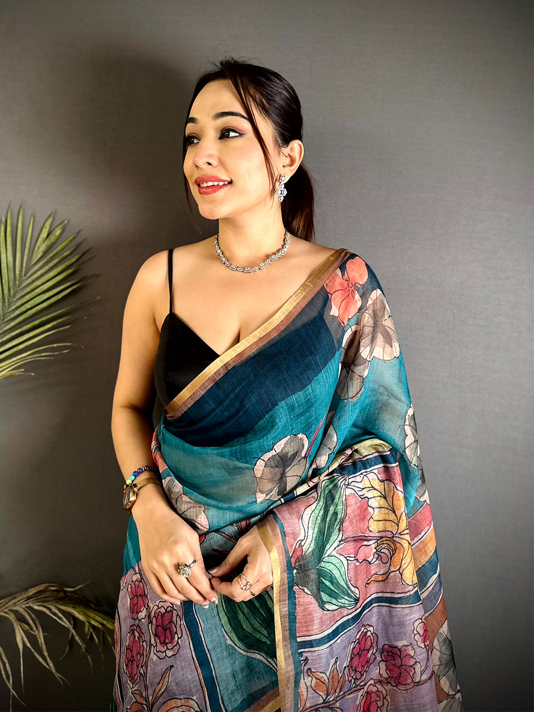 Stylish Hand Block Floral Linen Saree