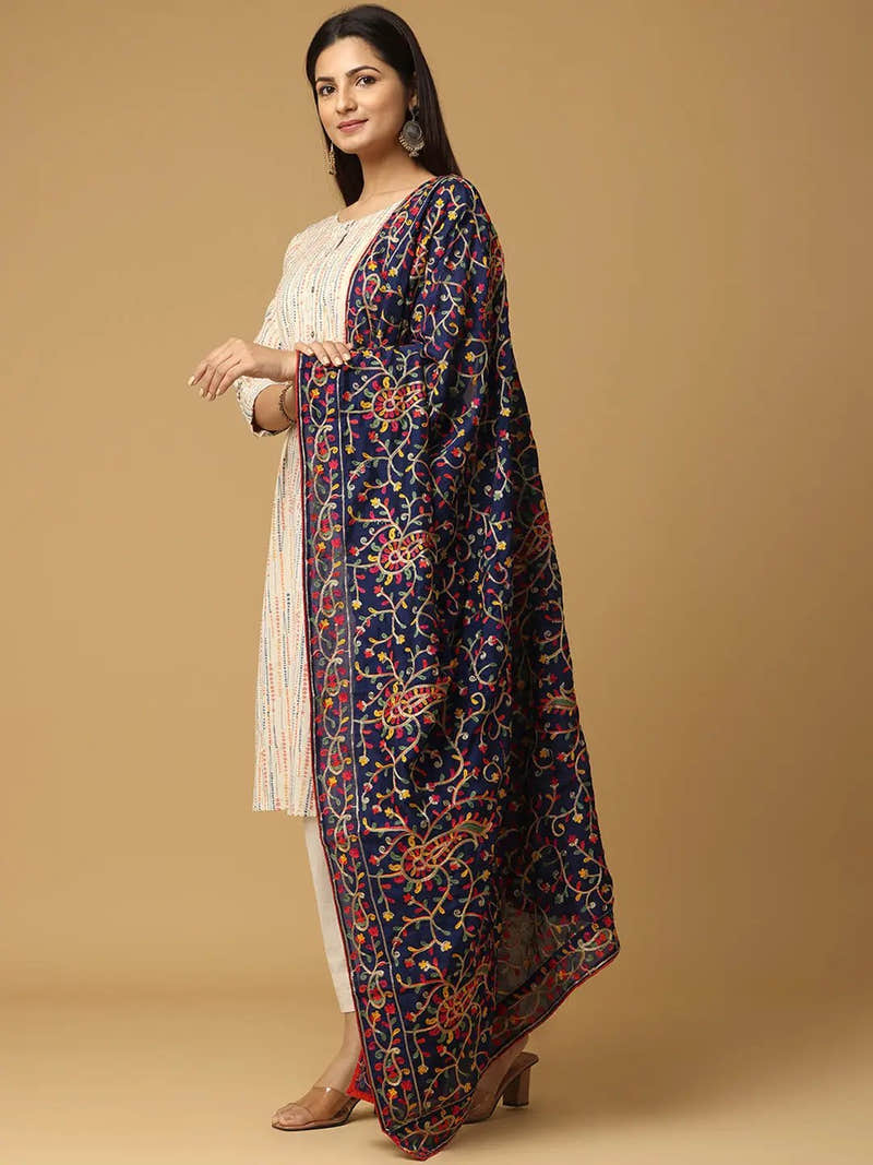 Navy Fine Paisley Border Pashmina Dupatta
