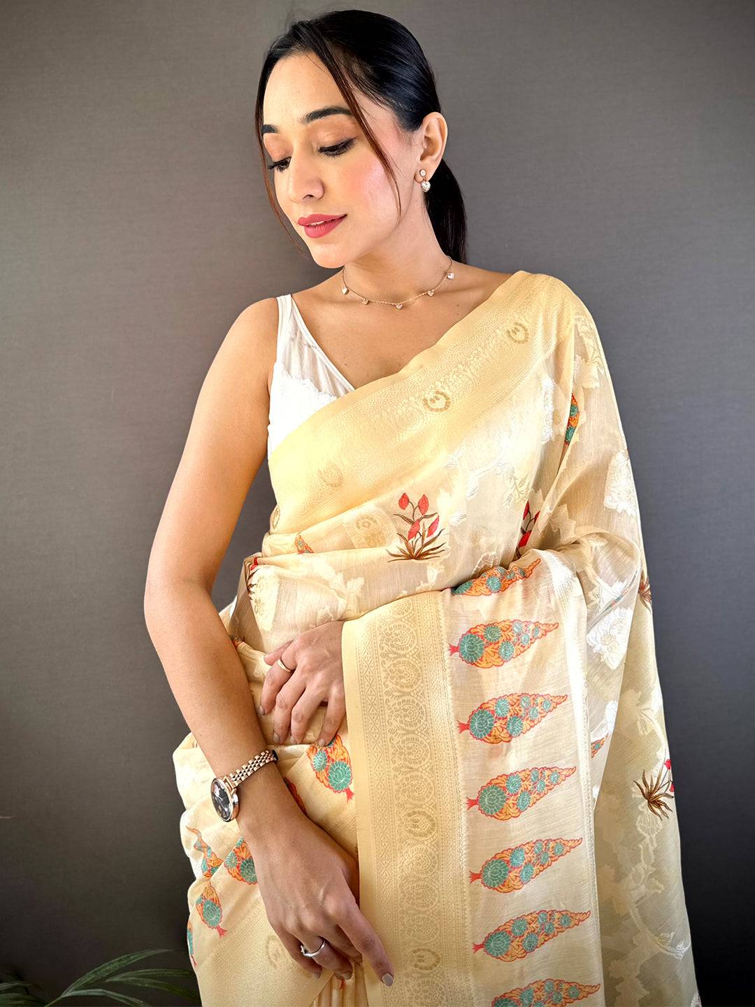 Cream Lakhani Cotton Kalamkari Print Saree