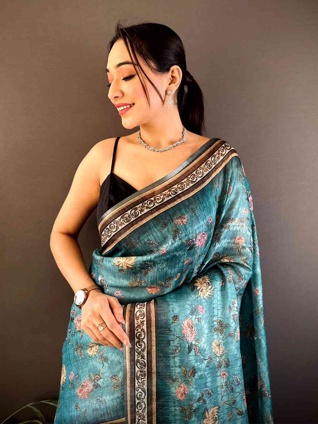 Teal Gold Zari Chanderi Phulkari Saree