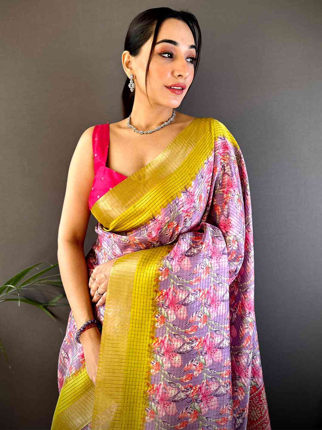 Lavender Tussar Chex Floral Saree