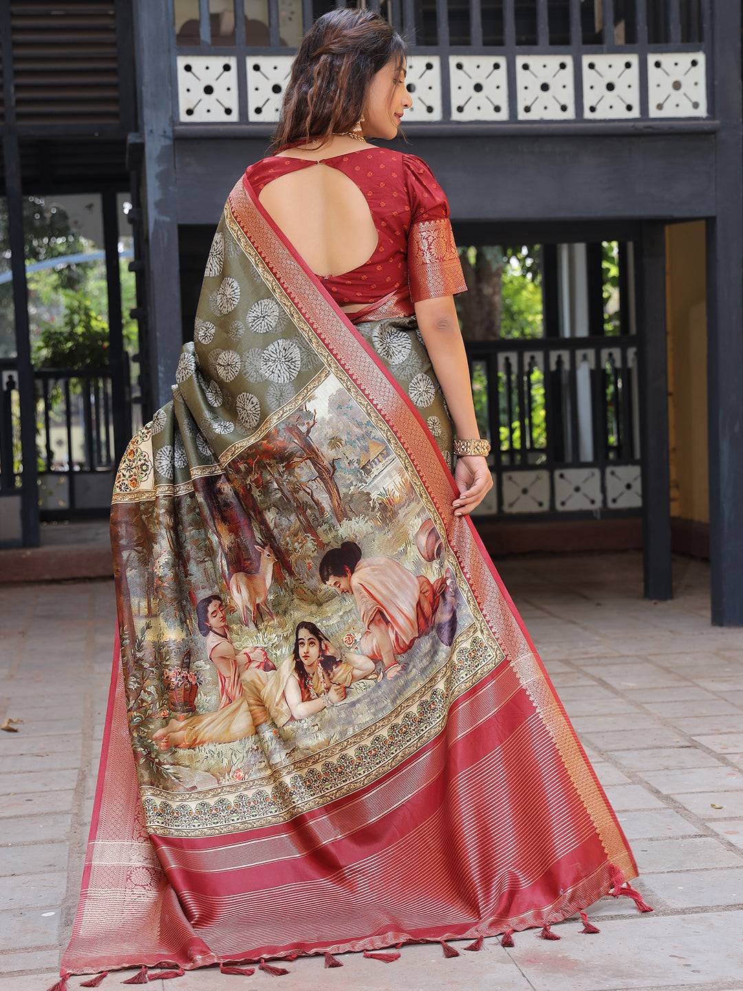Olive Viscose Dola Silk Saree With Kalamkari & Mughal Print