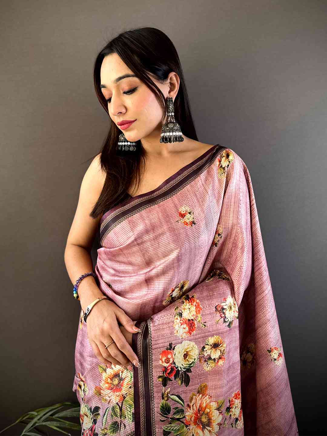 Floral Beauty in Mauve Tussar Zari Saree