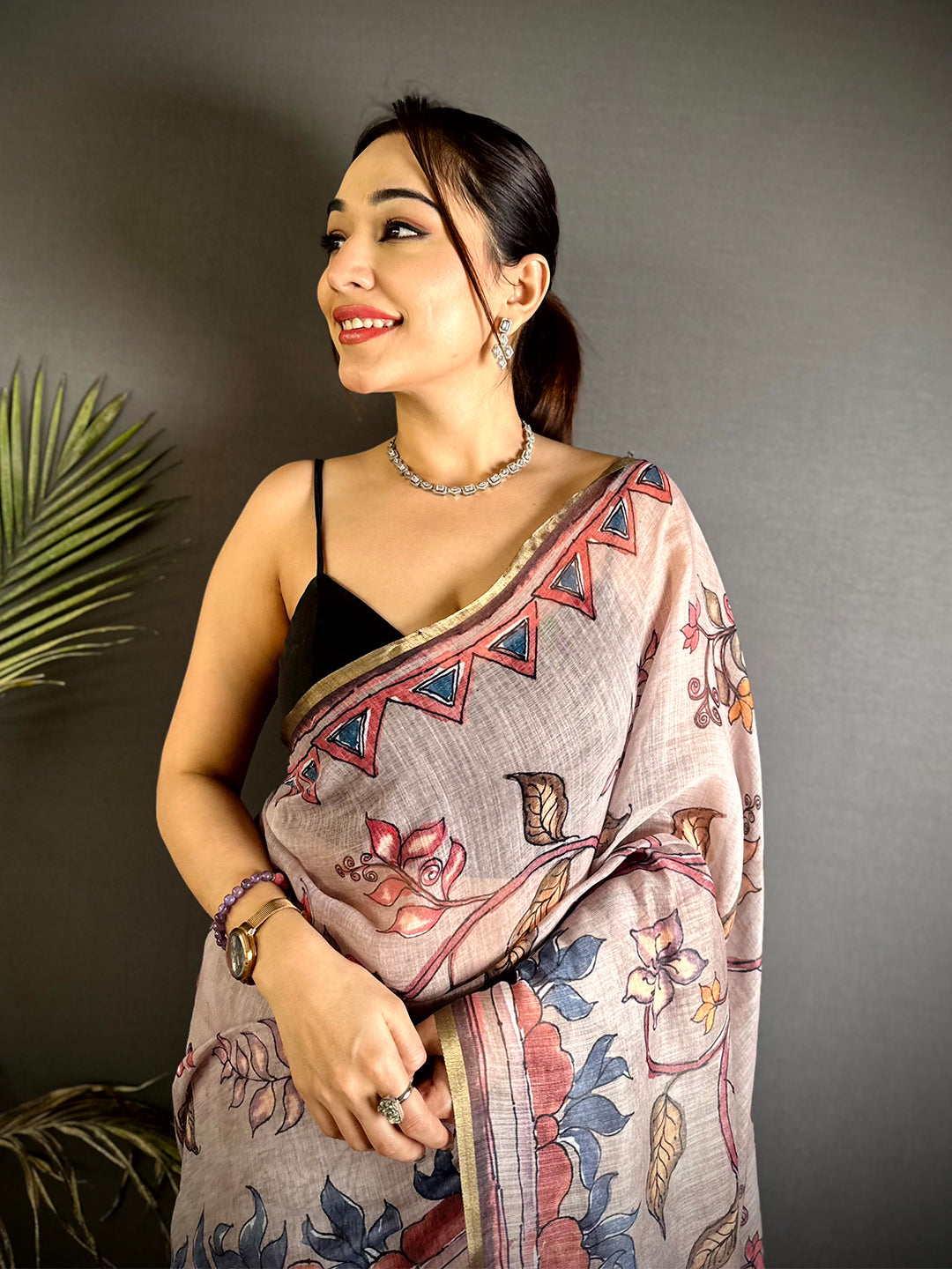 Regal Floral Hand Art Linen Saree