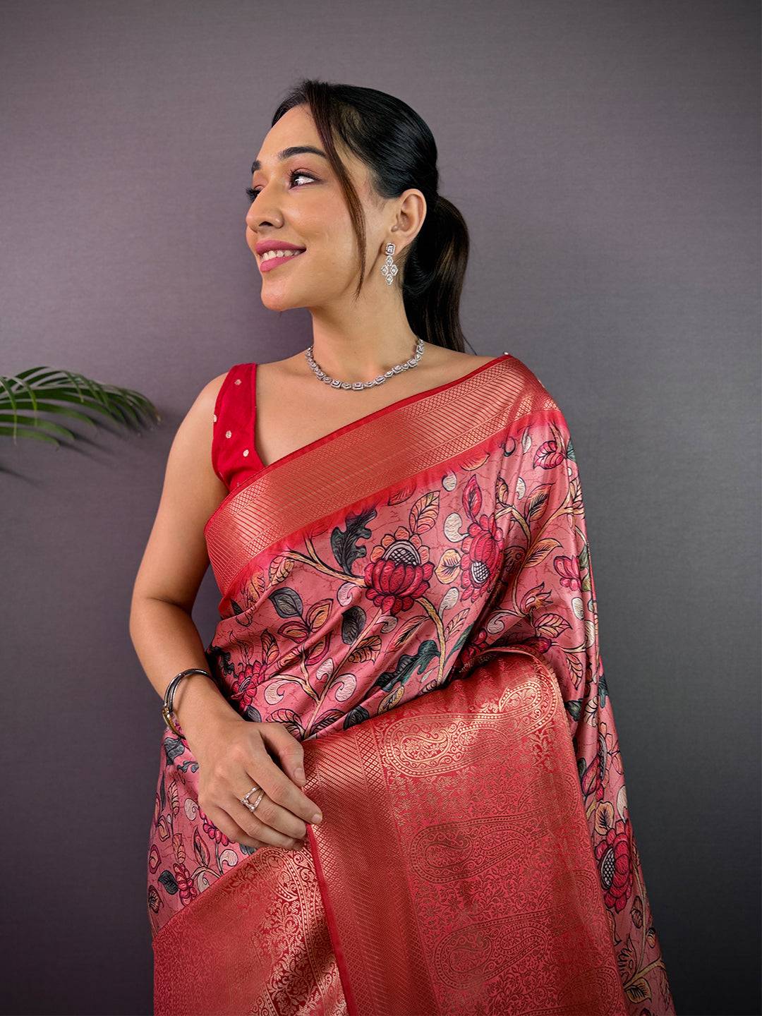 Dark Peach Cherry Satin Kalamkari Saree