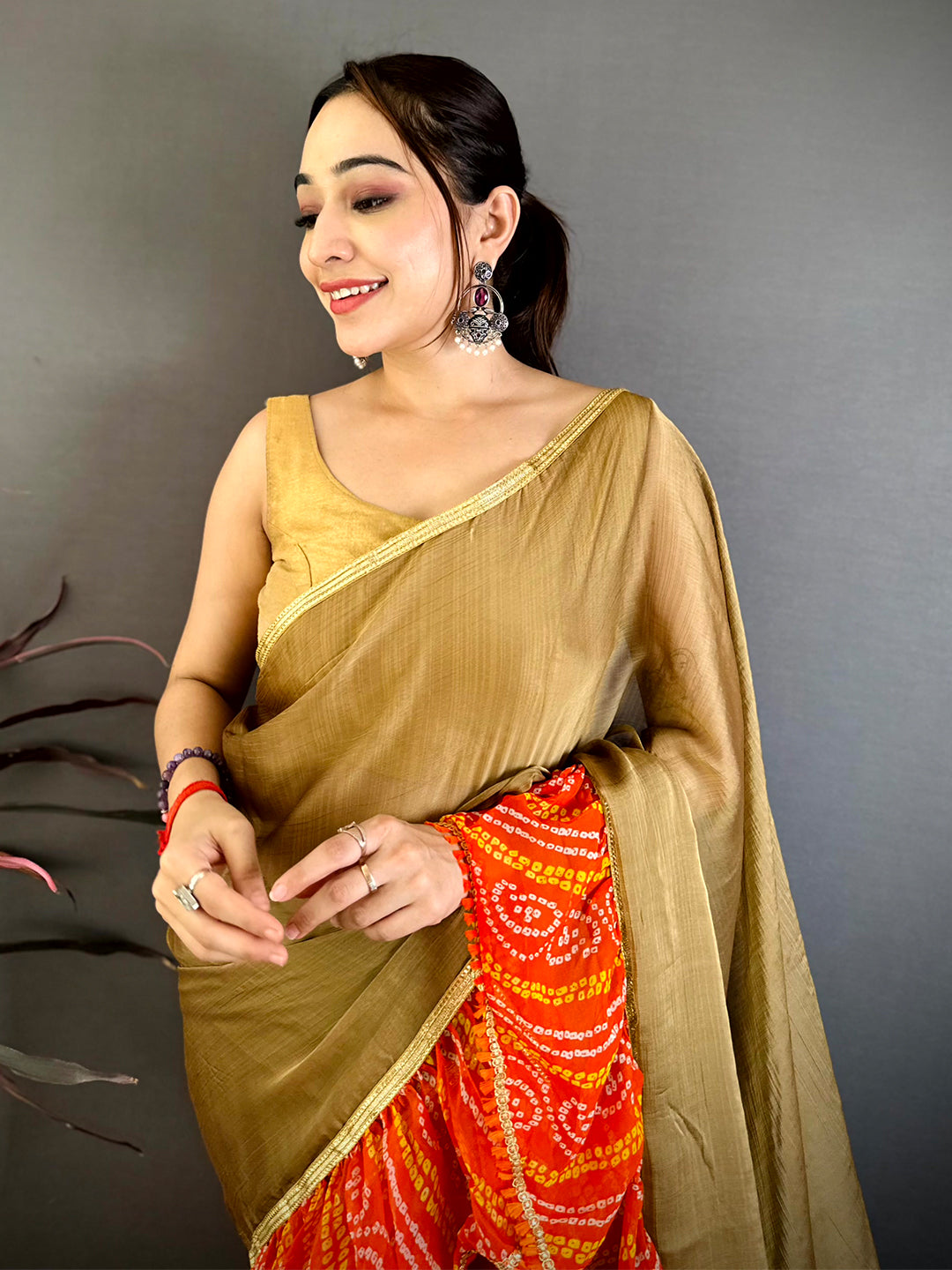 Stylish Soft Chiffon Bandhej Ruffle Saree