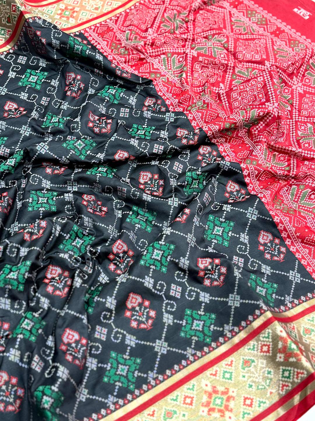 Black Pochampally Patola Soft Silk Saree