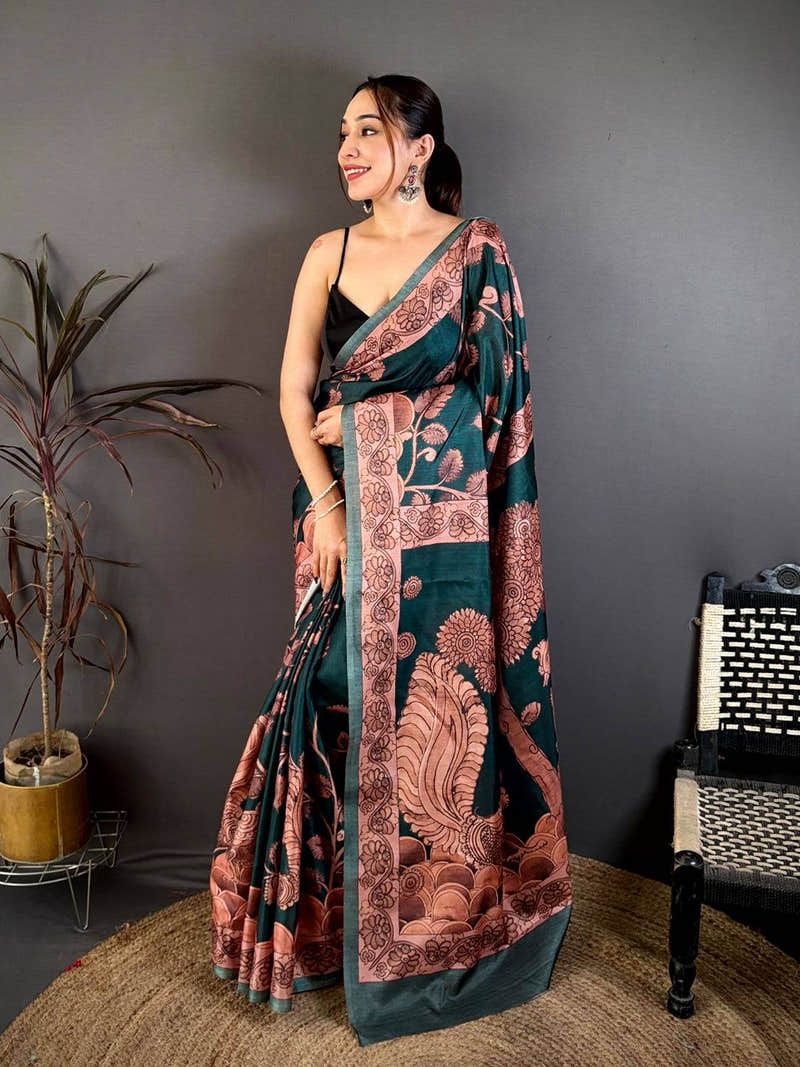 Teal Soft Tussar Kalamkari Print Saree