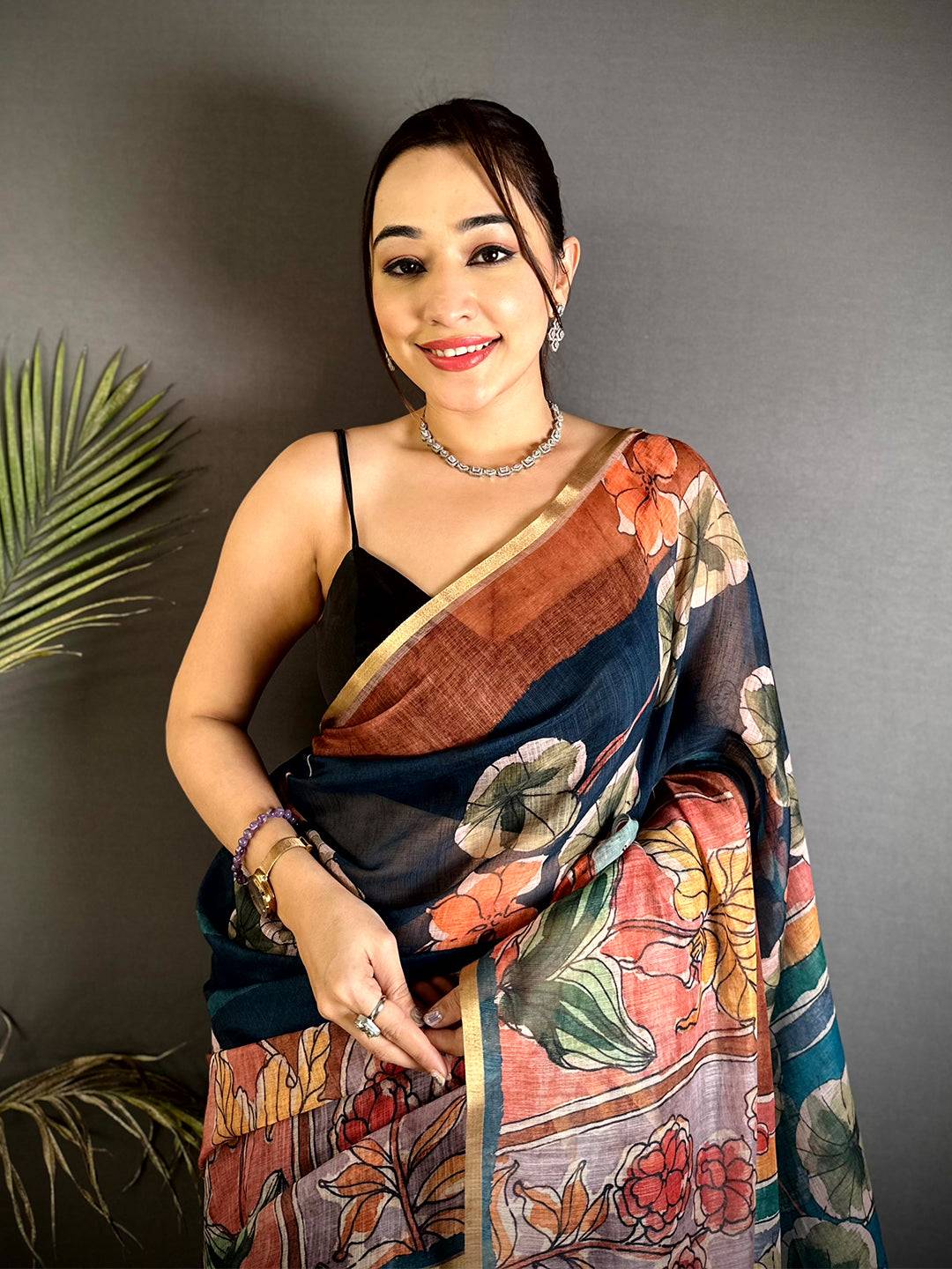 Royal Hand Block Floral Linen Saree