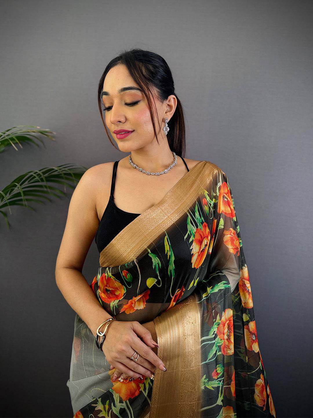 Black Soft Organza Digital Print Saree