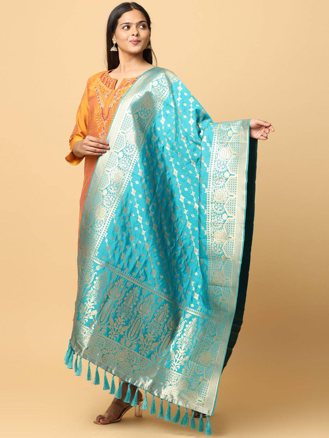 Elegant turquoise silk blend dupatta with intricate design