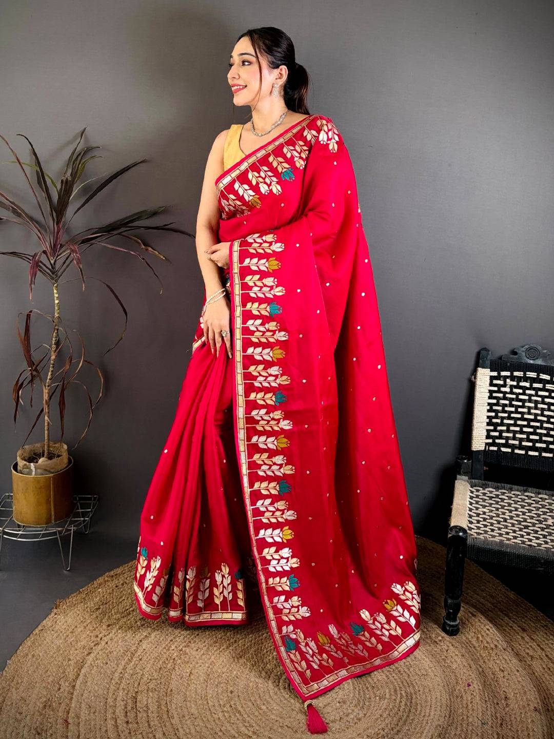 Red Soft Satin Minakari Aari Work Saree