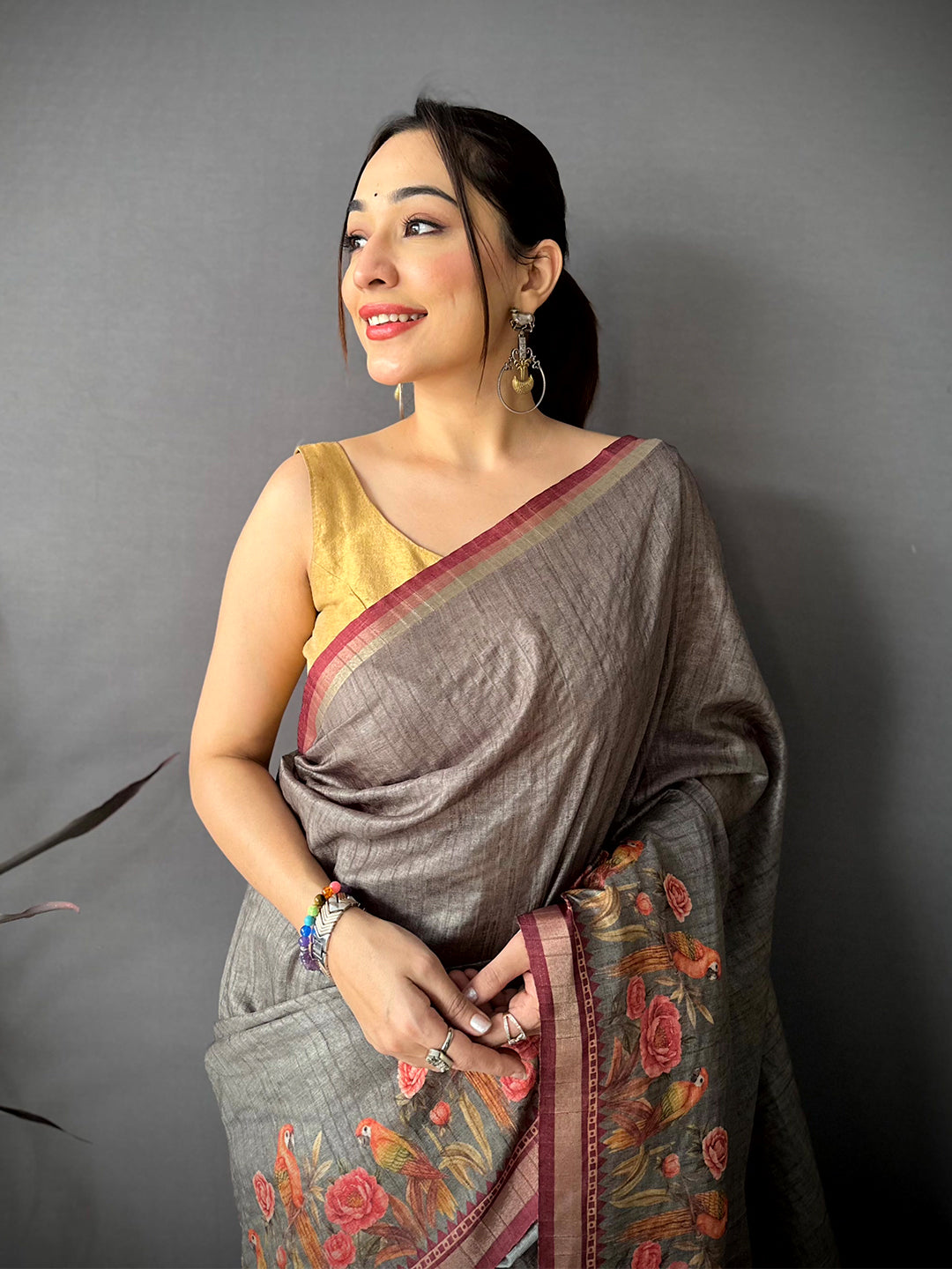 Regal Grey Ghicha Munga Saree