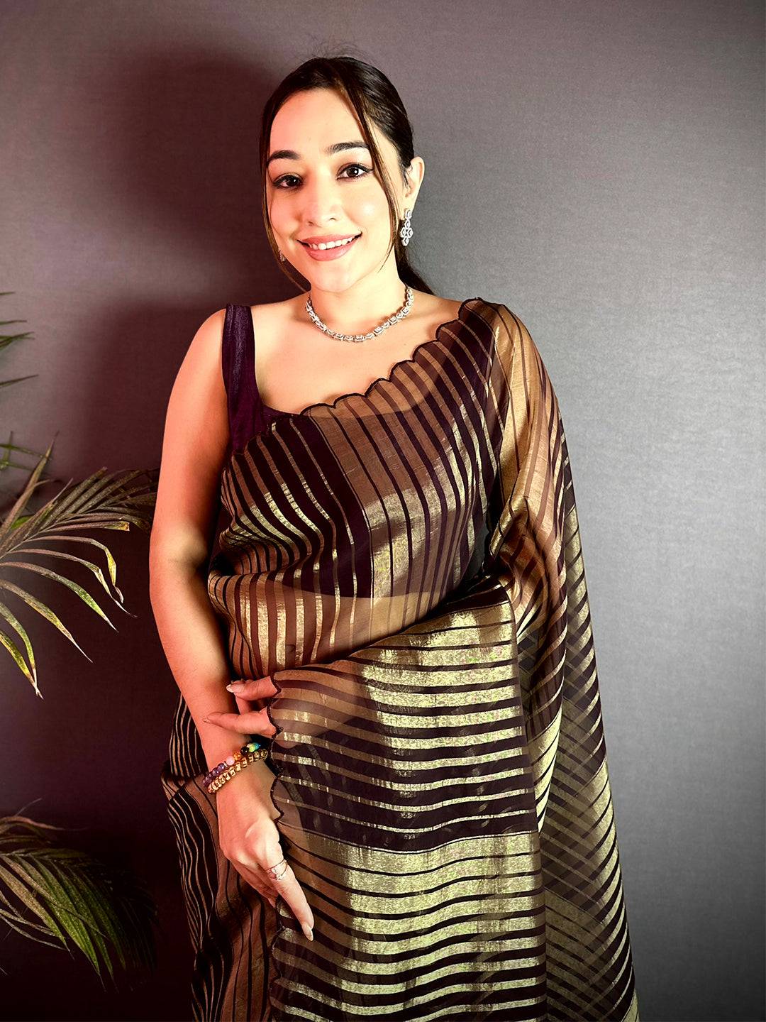 Radiant Gold Zari Striped Chiffon Saree