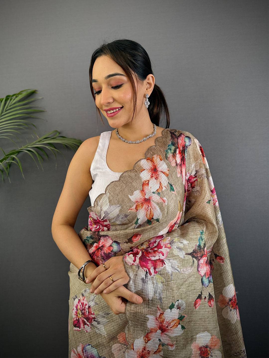 Beige Kota Floral Digital Cut Work Saree