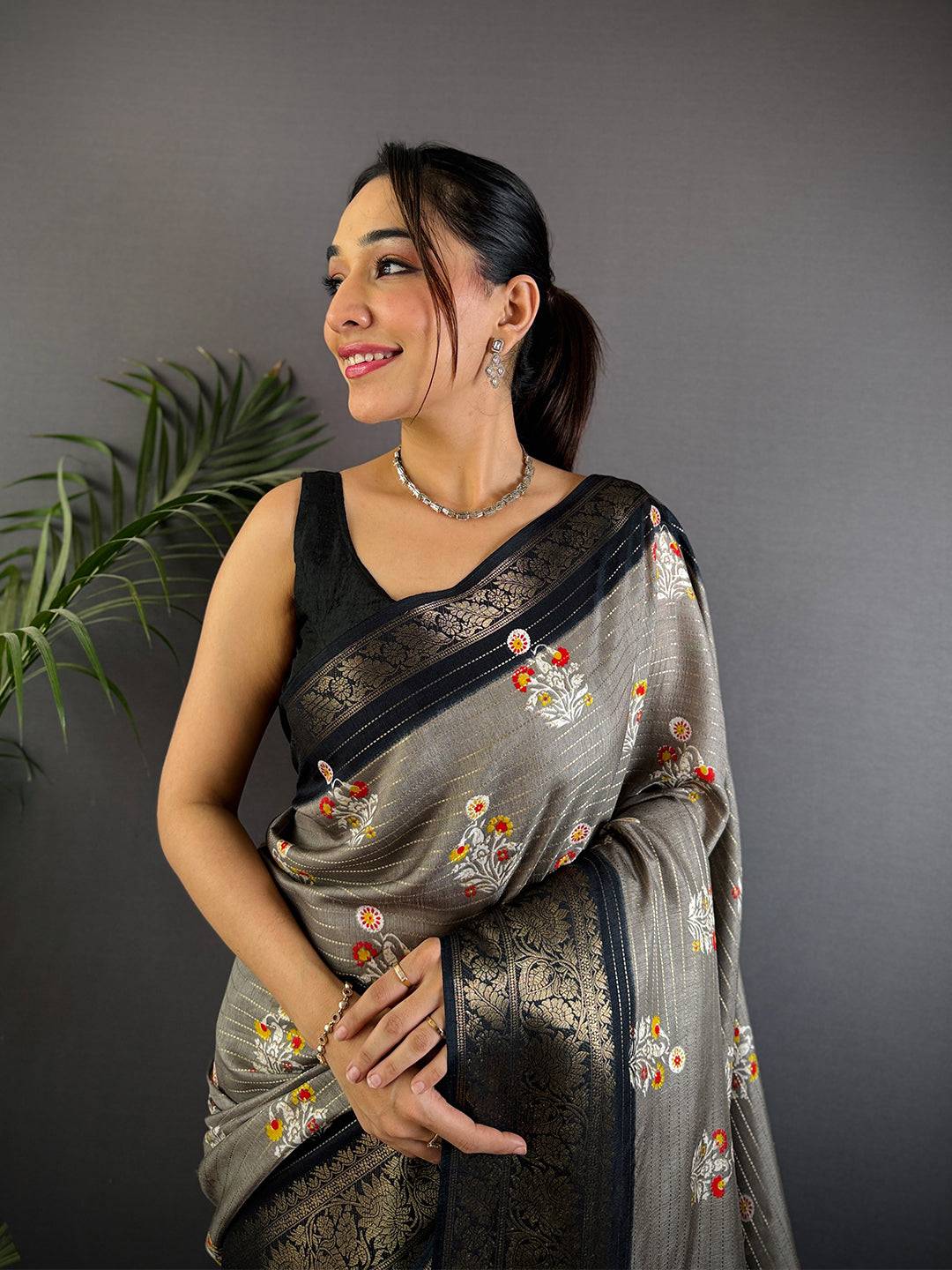 Grey Dola Silk Ajrakh Saree