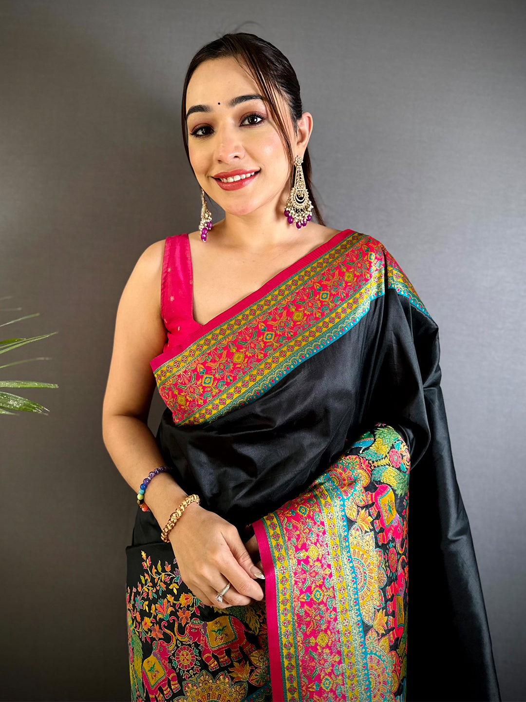 Black Kashmiri Art Soft Silk Saree