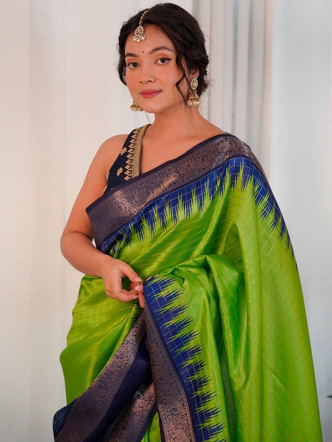 Close-up of green Banarasi saree with blue zari border