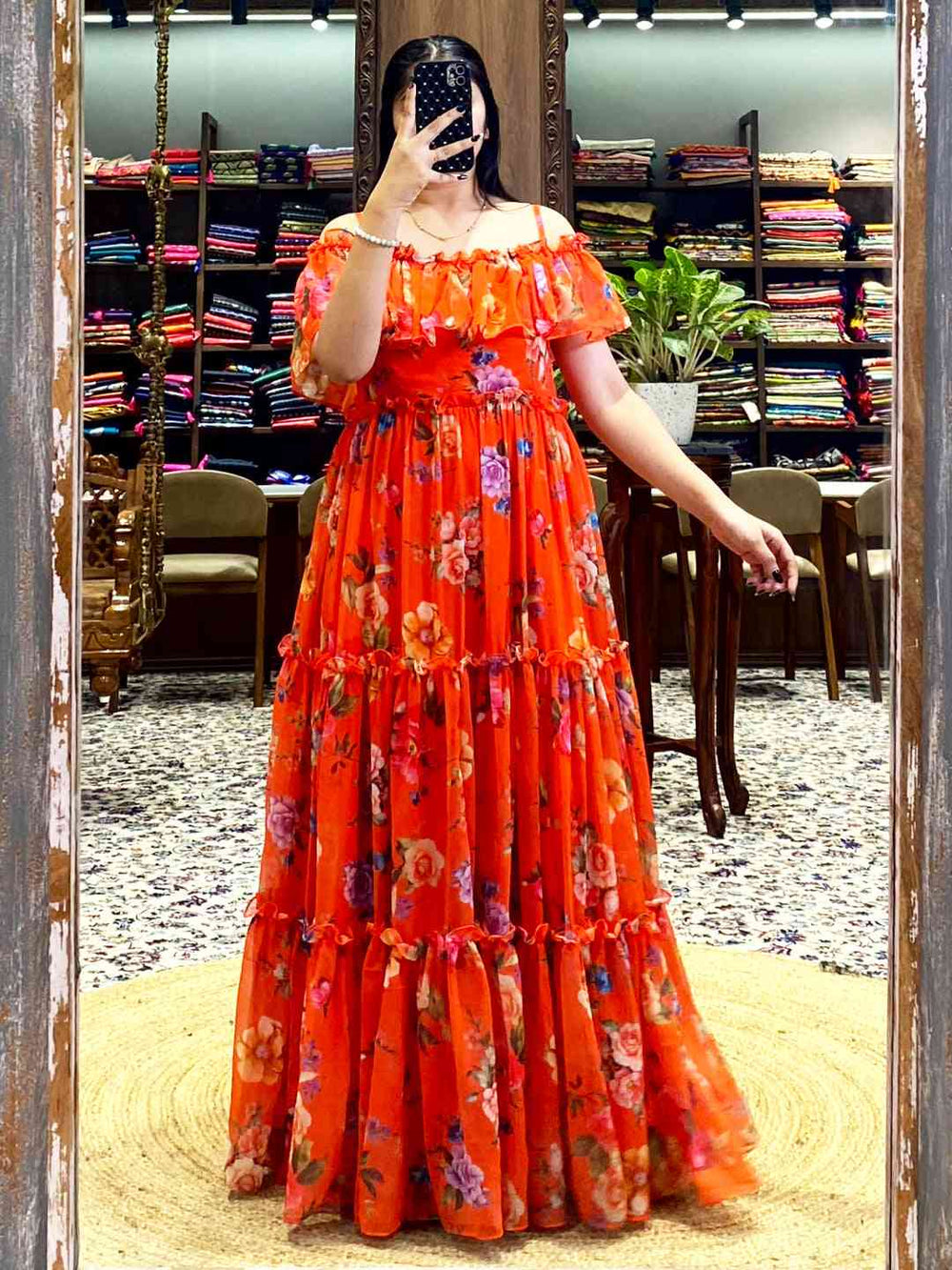Sunny Orange Georgette Floral Dress