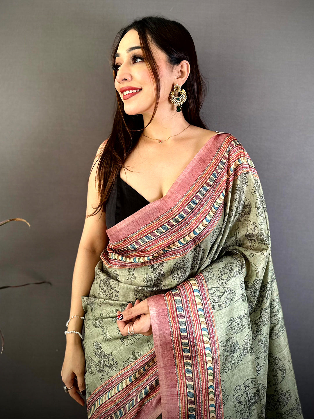 Elegant Tussar Elephant Motif Print Saree