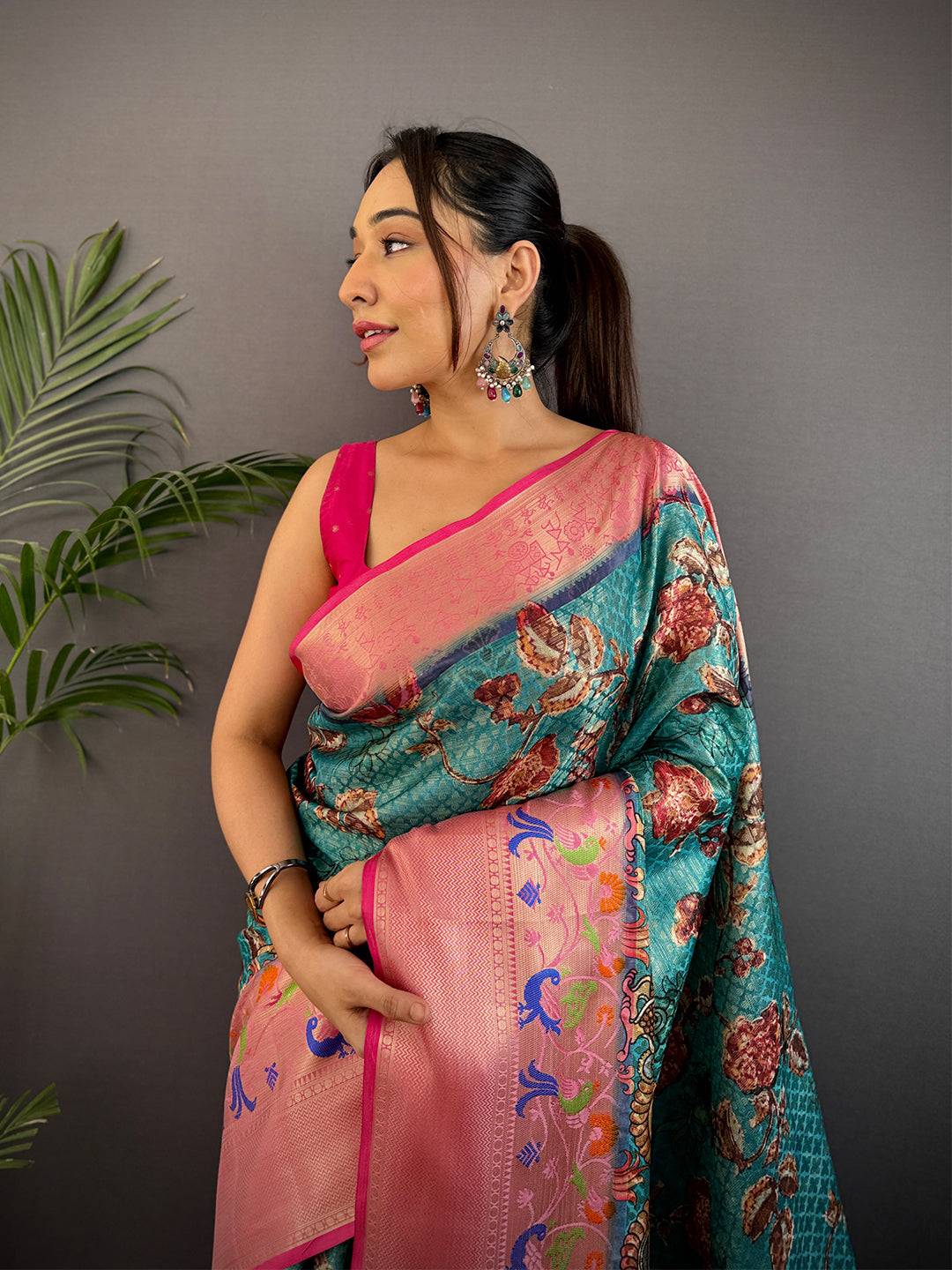 Teal Kora Muslin Kalamkari Floral Print Saree