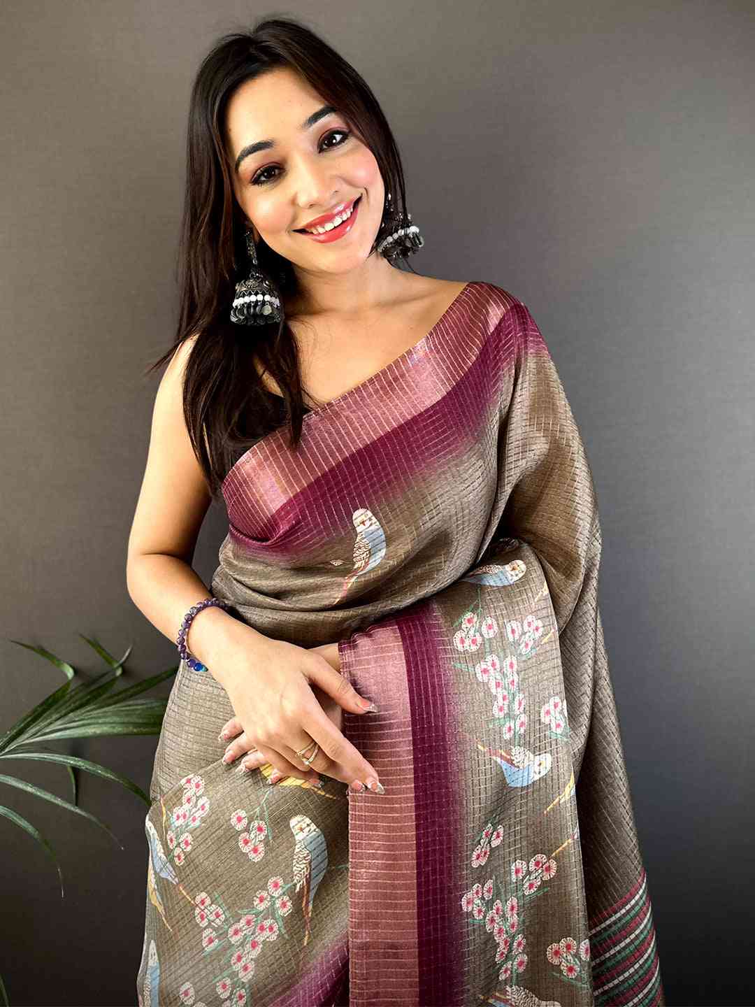 Brown Chanderi Check Sparrow Print Saree