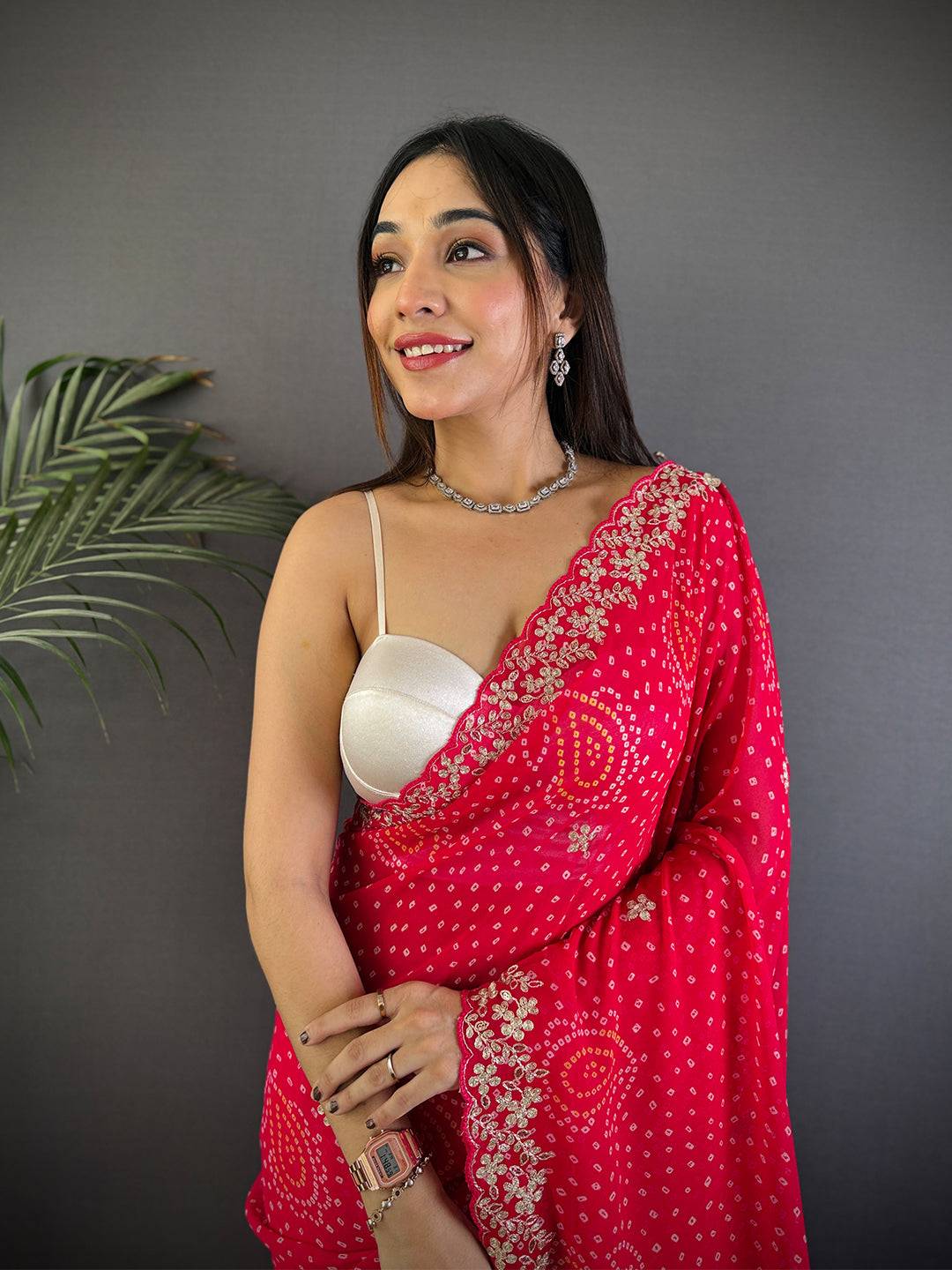 Radiant Pink Soft Georgette Bandhej Print Saree