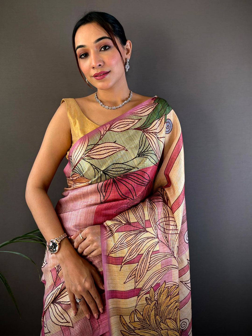 Burgundy Tussar Silk Floral Prints Saree
