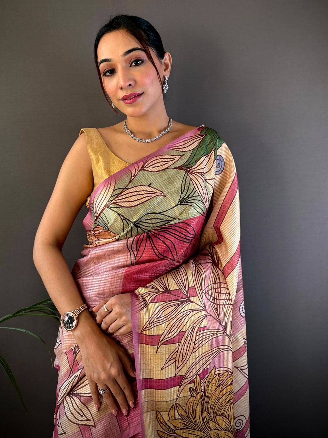 Burgundy Tussar Silk Floral Prints Saree