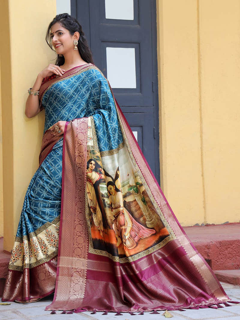 Royal Blue Viscose Dola Silk Saree With Kalamkari And Mughal Print - Luxe