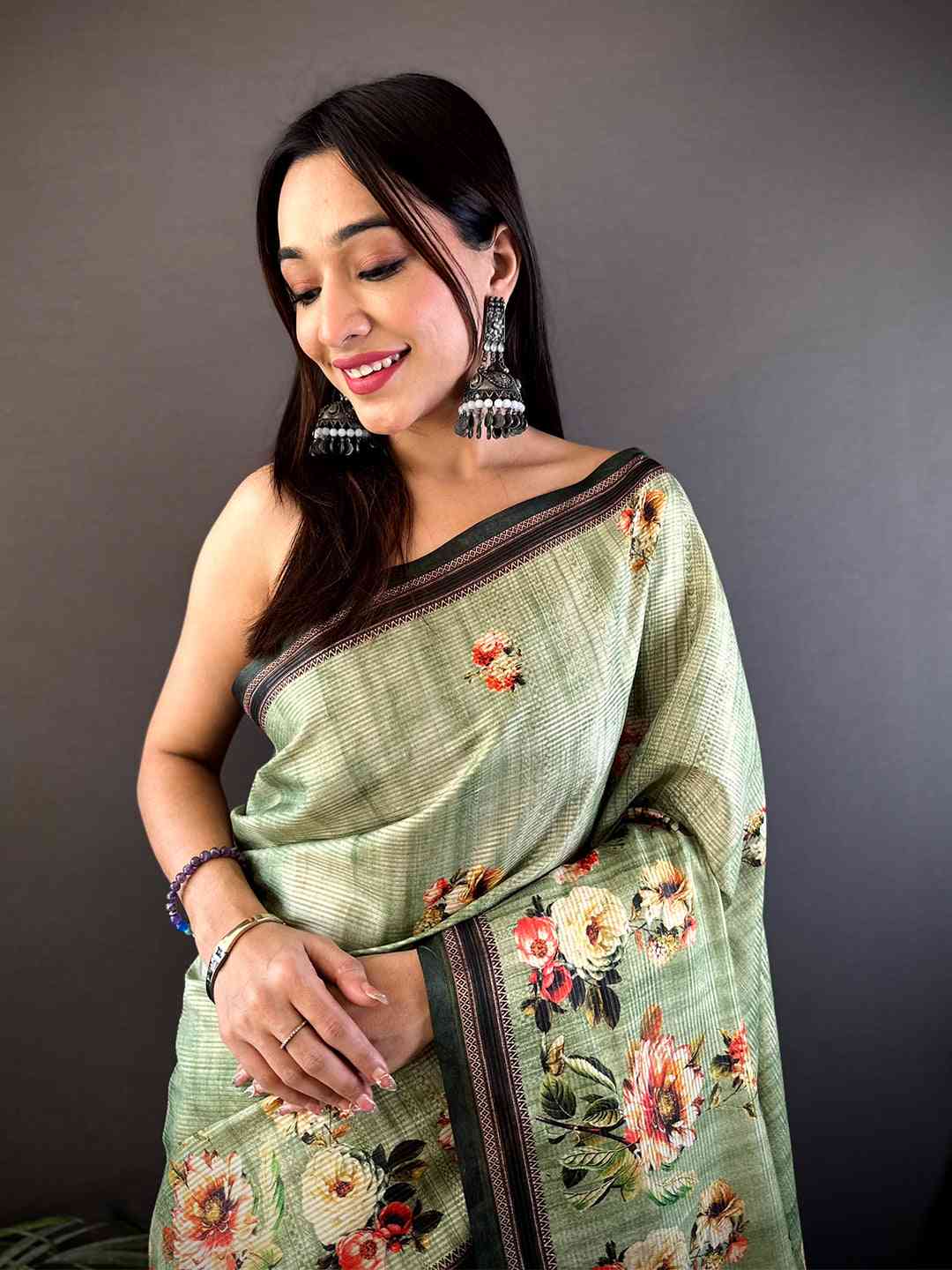 Floral Beauty in Light Green Tussar Zari Saree